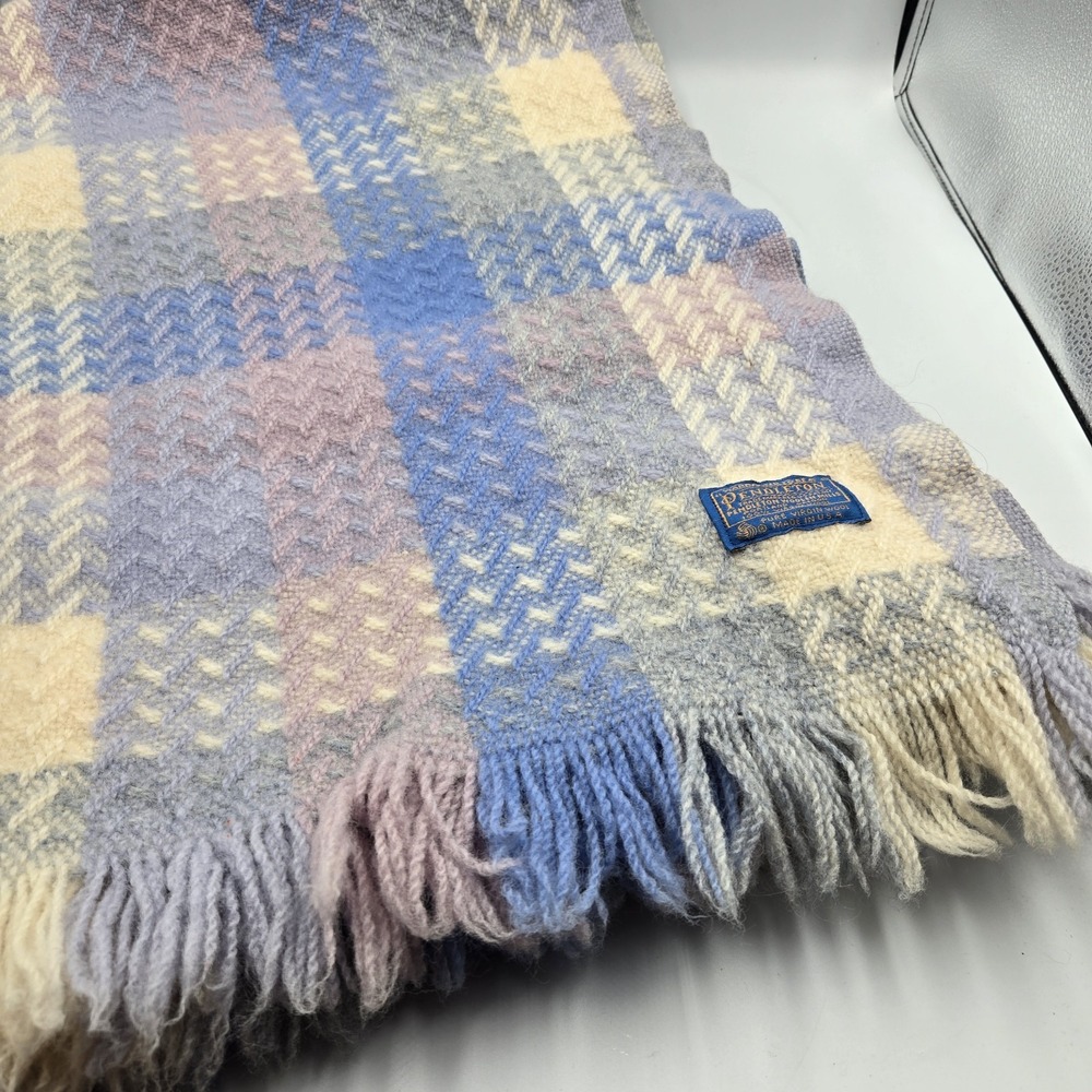 Vtg Pendleton Wool Throw Baby Blanket Creamy Pastel Fringe Spiral Weave 61x46" - Picture 4 of 5
